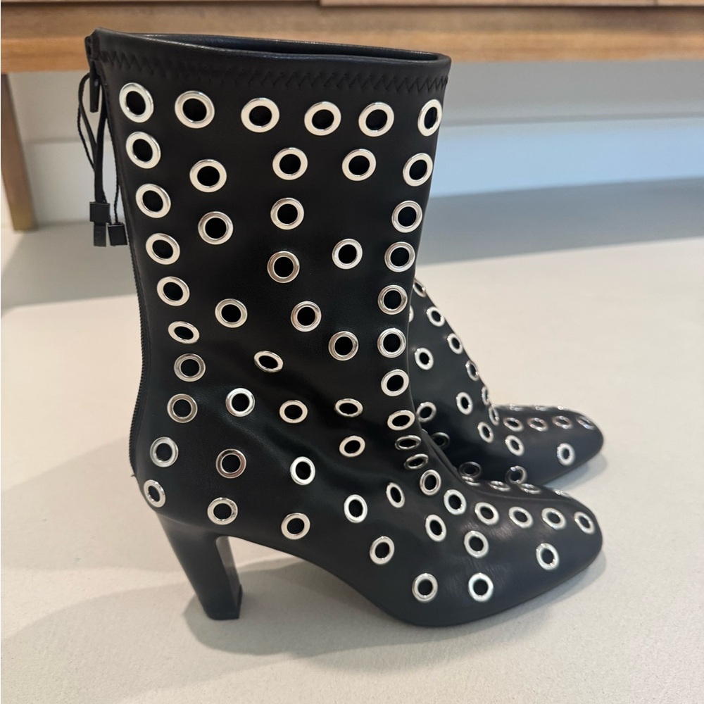 NWT Zara Black Heeled Boots with Silver Eyelets